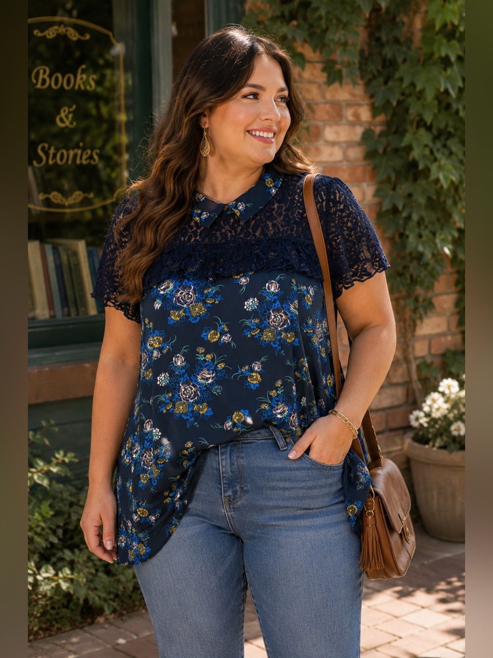 ModCloth 1X Navy Floral Lace Yoke Blouse Peter Pan Collar Romantic Cottagecore